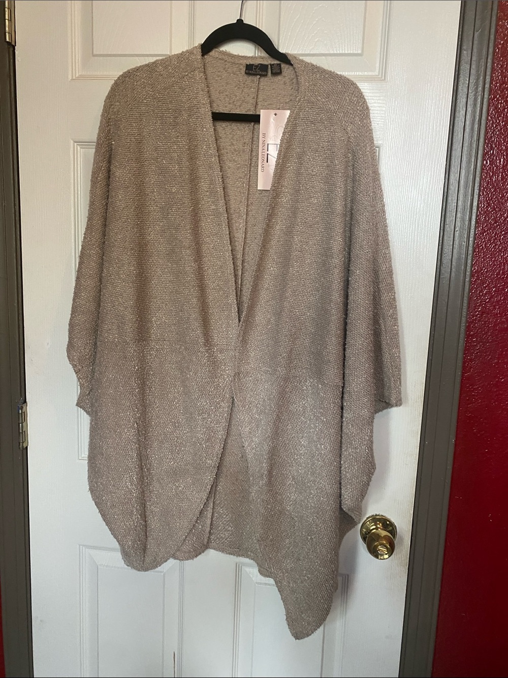 Nina Leonard Taupe Open-Front Knit Poncho